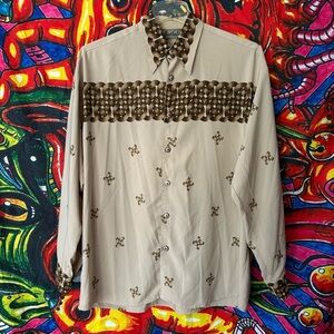 Vintage Bertelli Microfiber Button-Down Shirt M Tan Brown Lion‎ Buttons